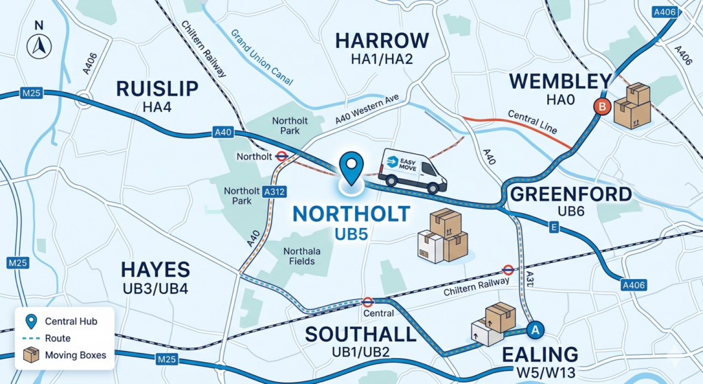 Same day Man and Van Northolt UB5 coverage map for nearby London areas