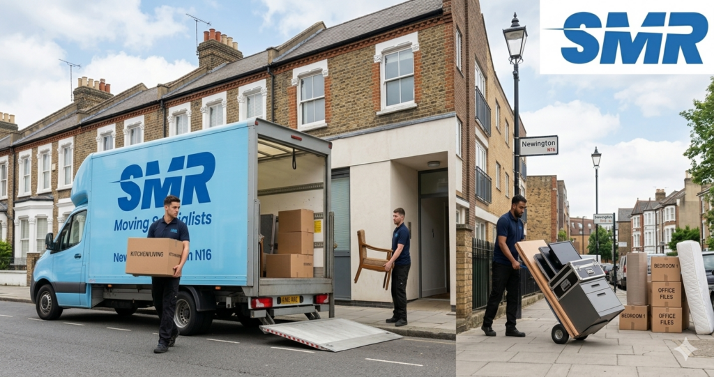 Blue and white infographic for Man and Van Newington N16 prices and hourly rate service options