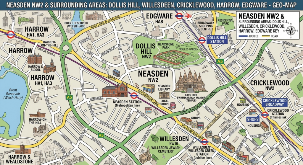 Map of Neasden NW2 showing nearby areas served for man and van removals