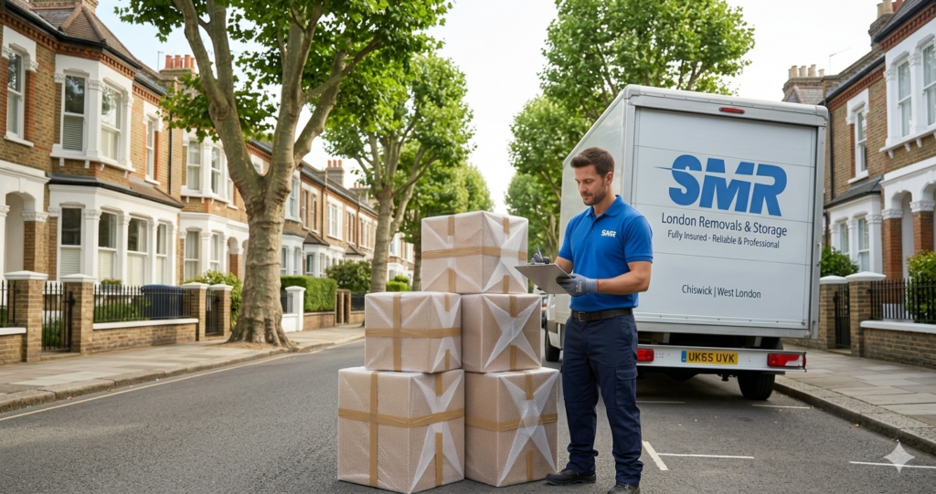 Same day man and van Osterley movers with packed boxes and removal van