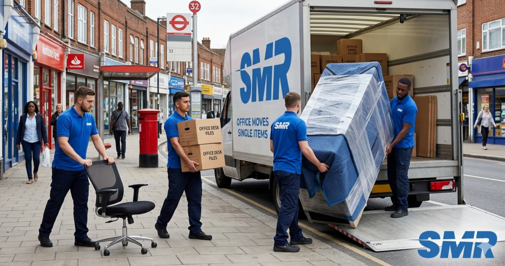 Flat removals HA8 London movers carrying boxes and wrapped furniture
