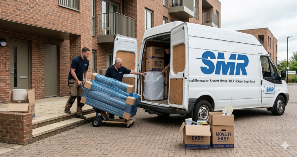 Movers lifting furniture into a van in a New Cross flat