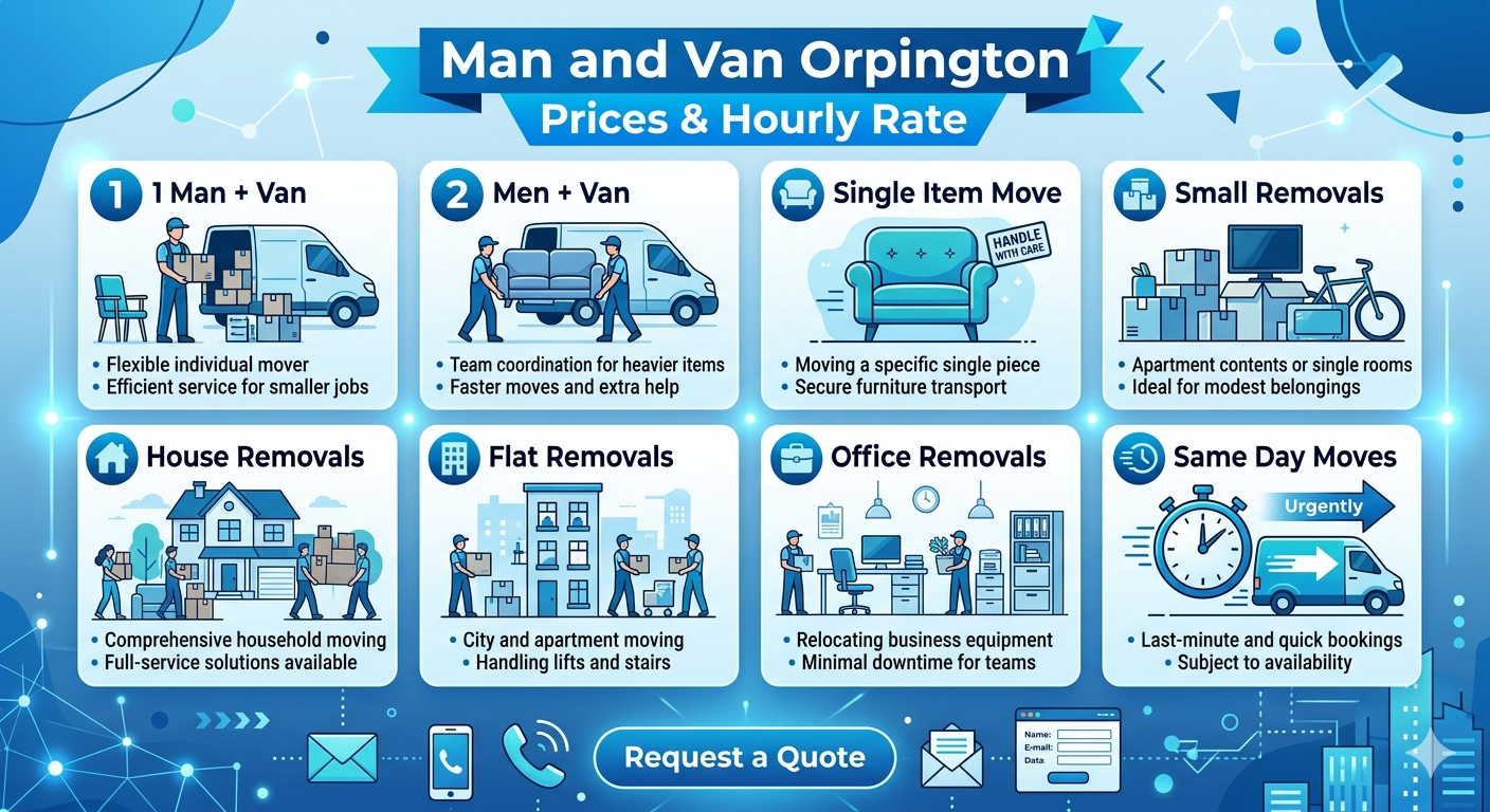Blue and white infographic for man and van Orpington prices and hourly rate services