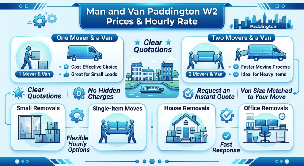Man and van Paddington W2 prices and hourly rate service infographic