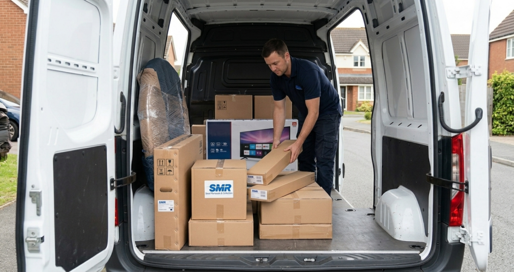 Mover loading a single wrapped item and flat-pack boxes into a van in Palmers Green