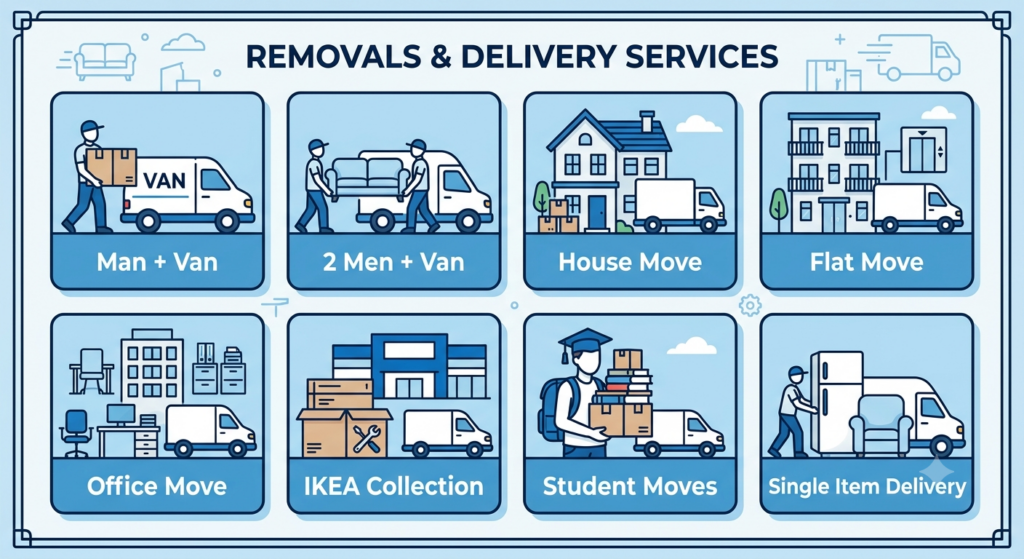 Infographic showing man and van Newham services including house moves, flat removals, IKEA delivery and office relocation