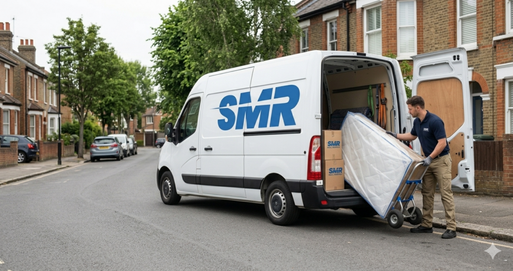 Mover transporting a flat-pack item or mattress into a van in Newcross
