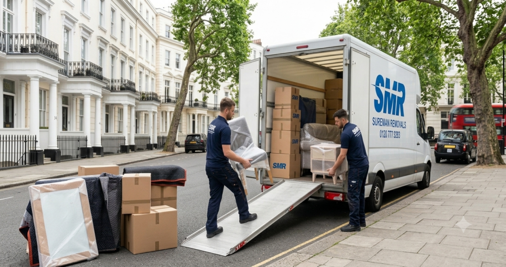 Two movers carrying a wrapped single item during a small removal in Paddington