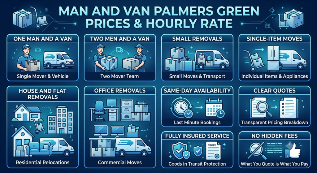 Infographic explaining Palmers Green man and van pricing factors and moving service options
