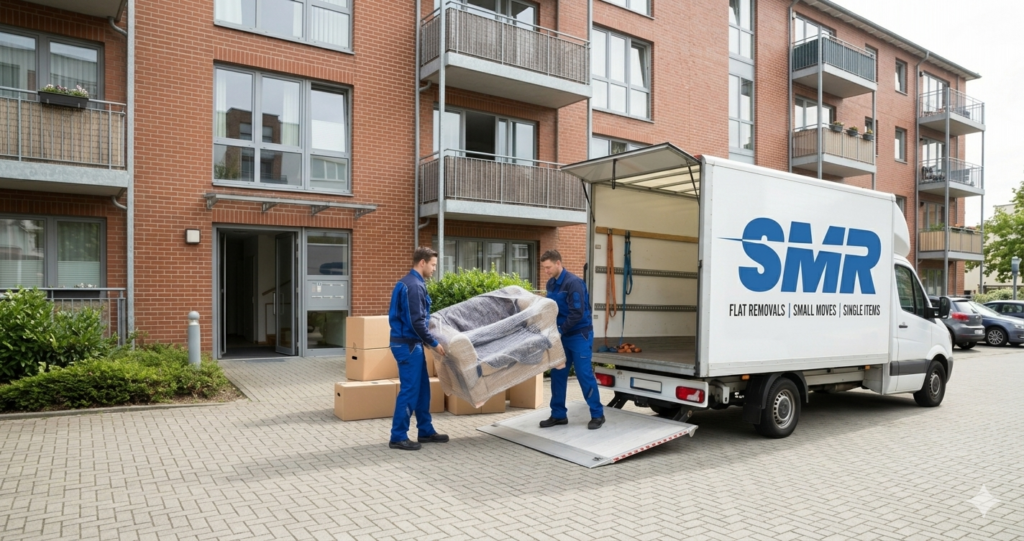 Two movers carrying a wrapped single item during a small removal in Paddington