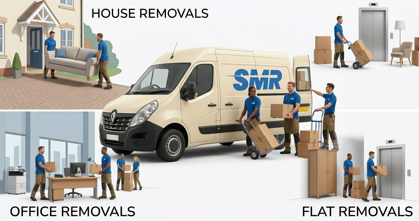 Movers carrying boxes and office items for house, flat, and office removals in Orpington