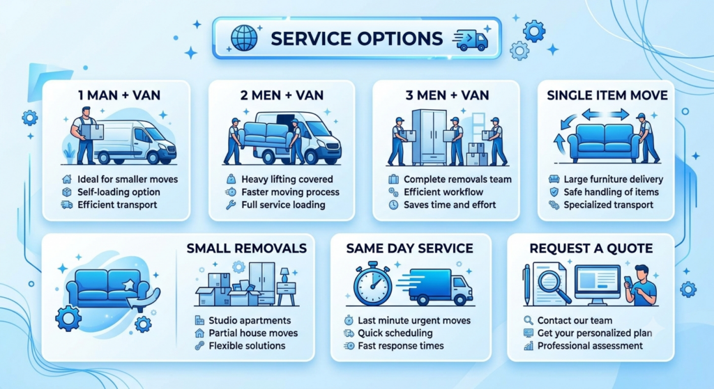 Blue and white infographic showing man and van Notting Hill W11 prices and hourly rate service options