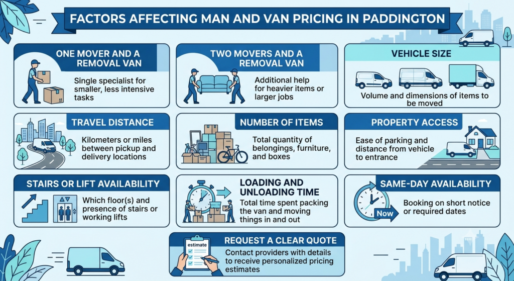Blue and white infographic explaining Man and Van Paddington prices and hourly rate factors
