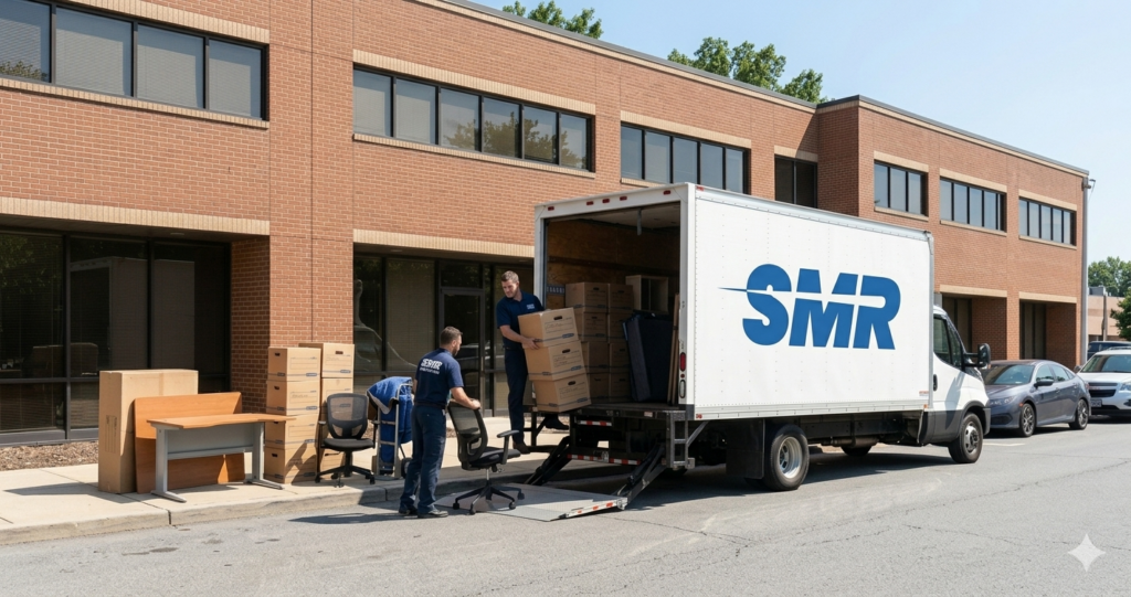 Movers transporting office furniture and a single item in New Cross SE14