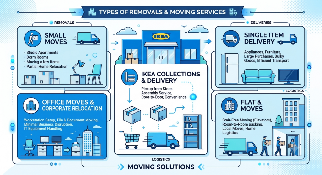 Infographic showing man and van services, small moves, IKEA delivery, office removals in Neasden NW2