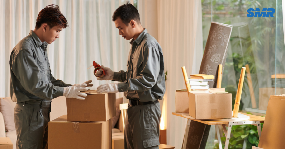 Movers handling protected furniture and packed boxes during a Clapham house move