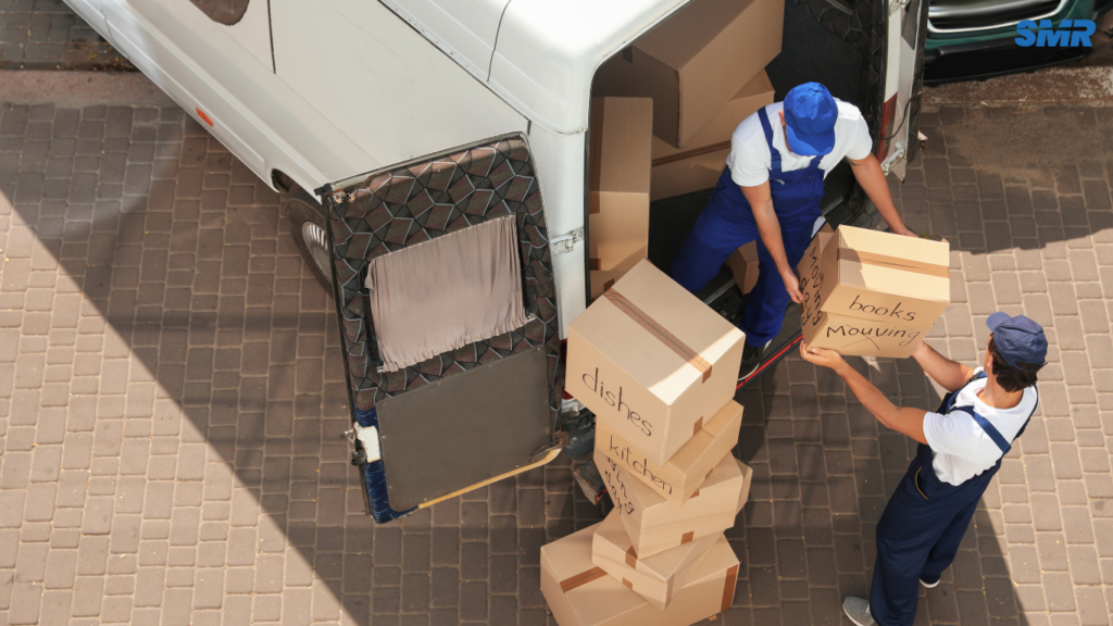 Professional man and van outside E16 residence