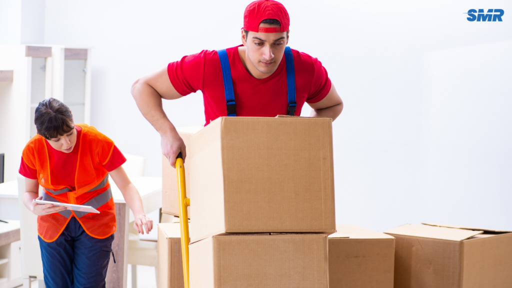 Movers transporting sofa and flat-pack furniture