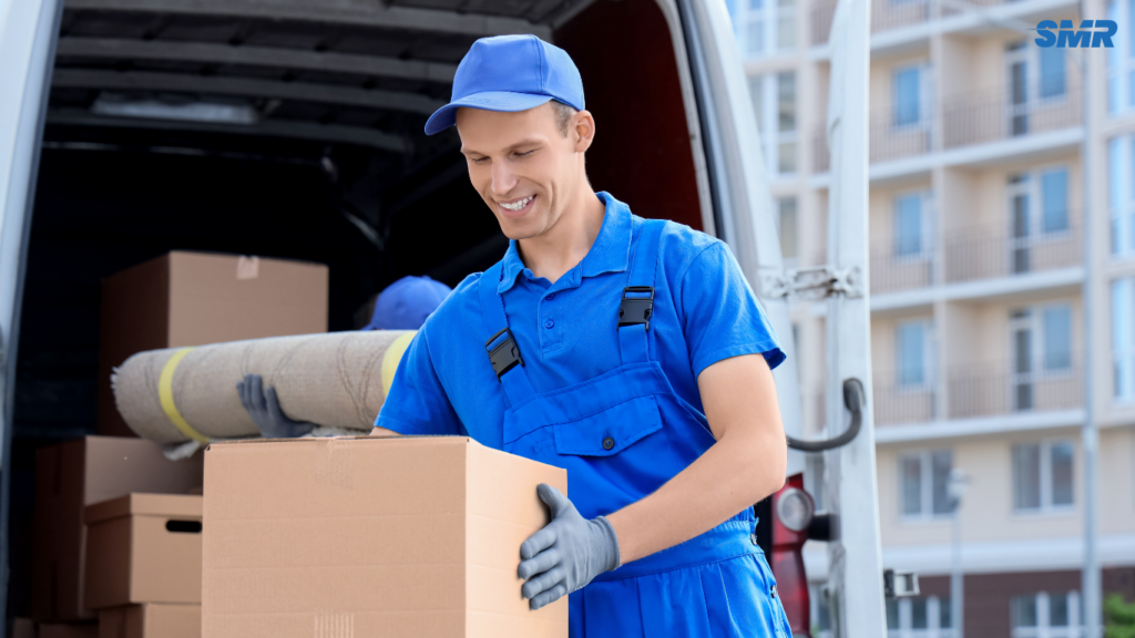 Professional man and van outside E14 residence