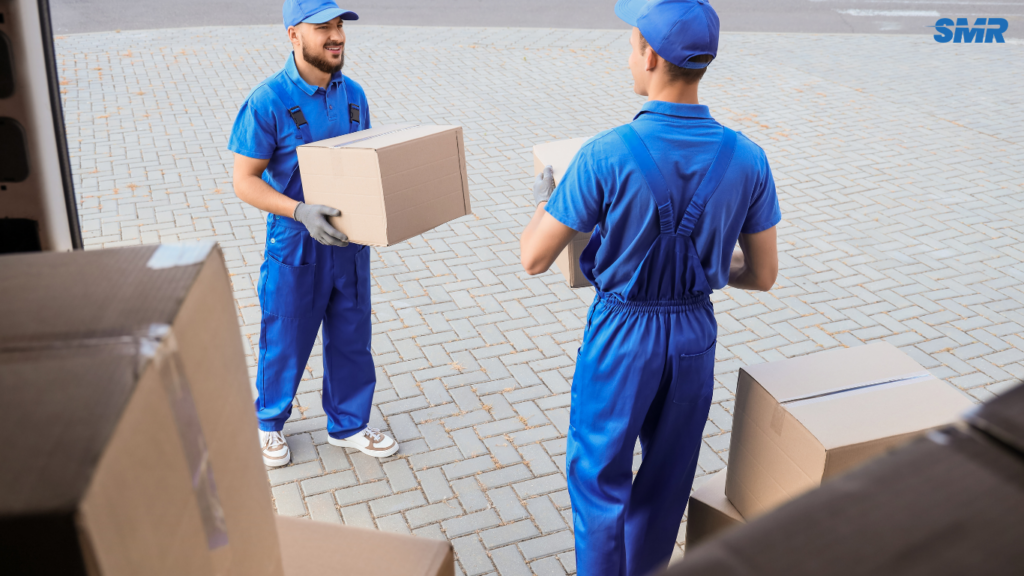 Movers transporting flat-pack furniture or appliances