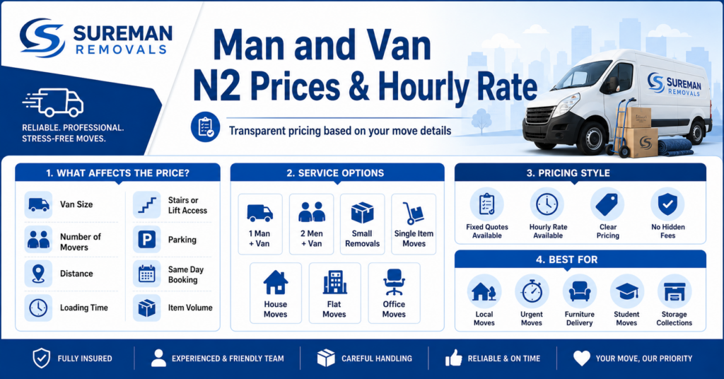 Man and Van N2 prices and hourly rate infographic