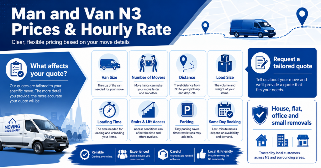 Man and Van N3 prices and hourly rate infographic