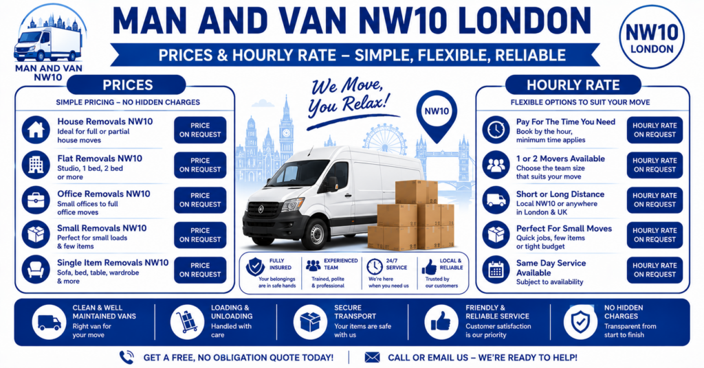 Man and Van NW10 infographic showing prices, hourly rate, and services offered