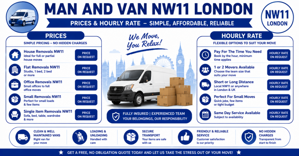 Man and Van NW11 infographic showing prices, hourly rate, and services offered
