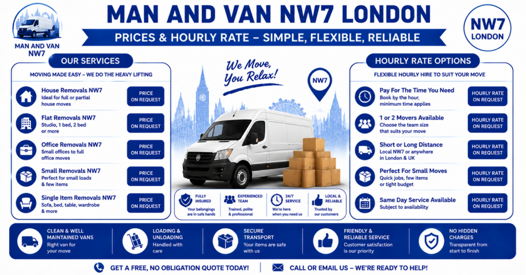 Man and Van NW7 infographic showing prices, hourly rate, and services offered