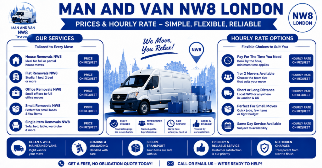 Man and Van NW8 infographic showing prices, hourly rate, and services offered