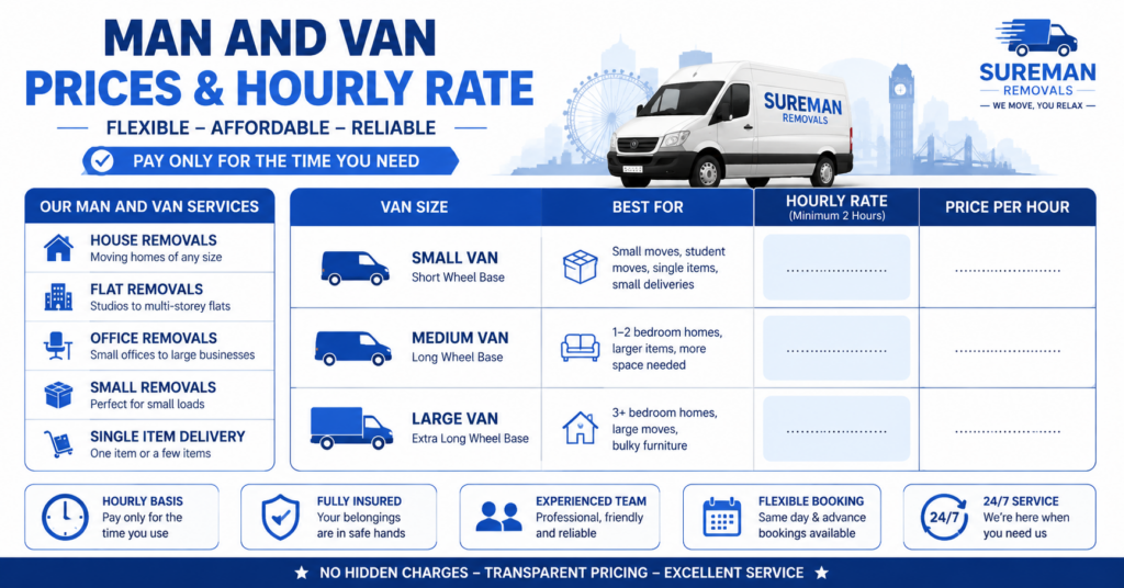 Infographic of man and van services showing hourly rates and service types in blue and white