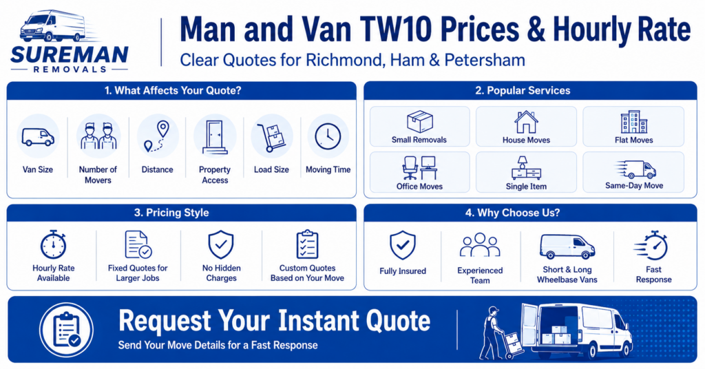 Blue and white Man and Van TW10 prices and hourly rate infographic showing available removal services