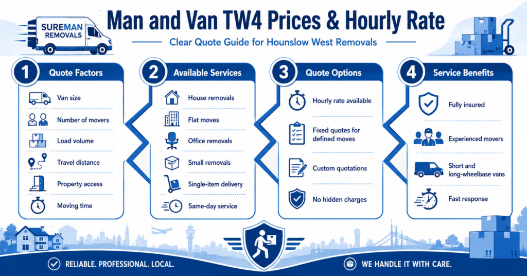Blue and white Man and Van TW4 prices and hourly rate infographic without monetary figures