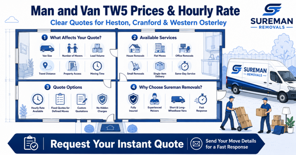 Blue and white Man and Van TW5 prices and hourly rate infographic without monetary figures