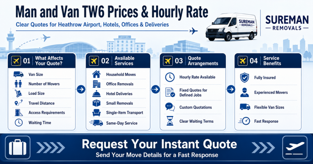Blue and white Man and Van TW6 prices and hourly rate infographic without price figures