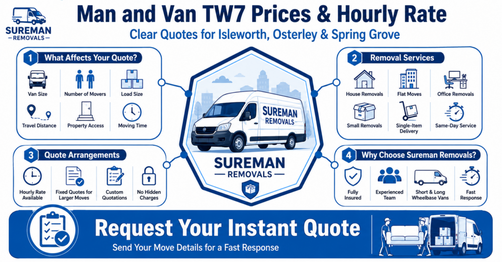 Blue and white Man and Van TW7 prices and hourly rate infographic without monetary figures