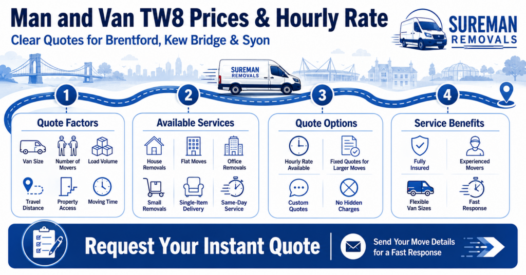Blue and white Man and Van TW8 prices and hourly rate infographic without monetary figures