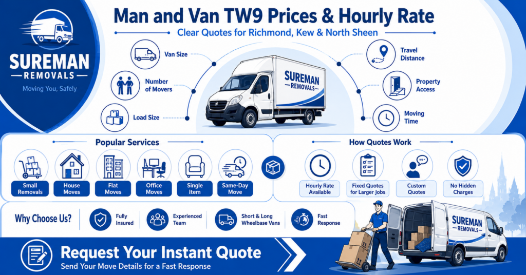 Blue and white Man and Van TW9 prices and hourly rate infographic without price figures