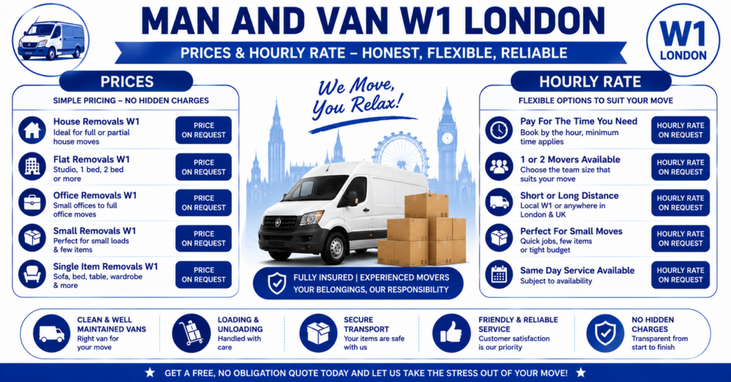 Man and Van W1 infographic showing prices, hourly rate, and services offered