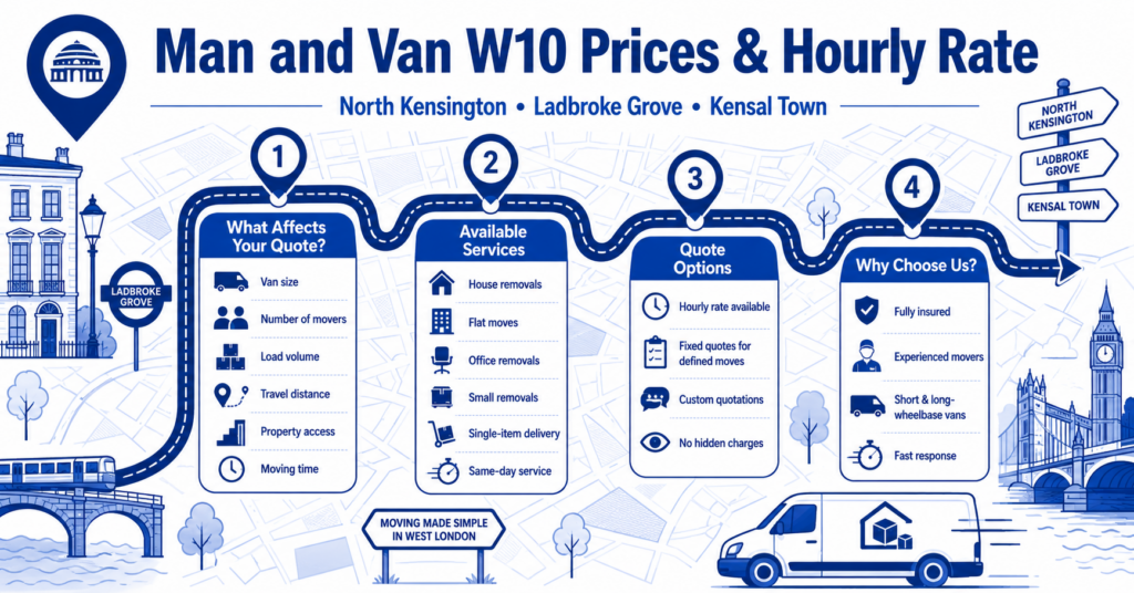 Blue and white Man and Van W10 prices and hourly rate infographic without monetary figures