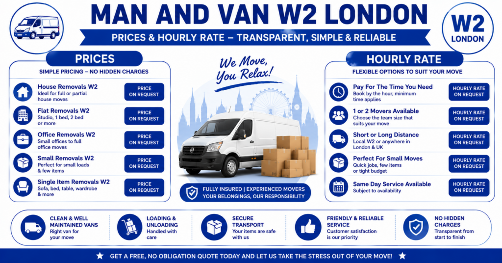 Man and Van W2 infographic showing prices, hourly rate, and services offered