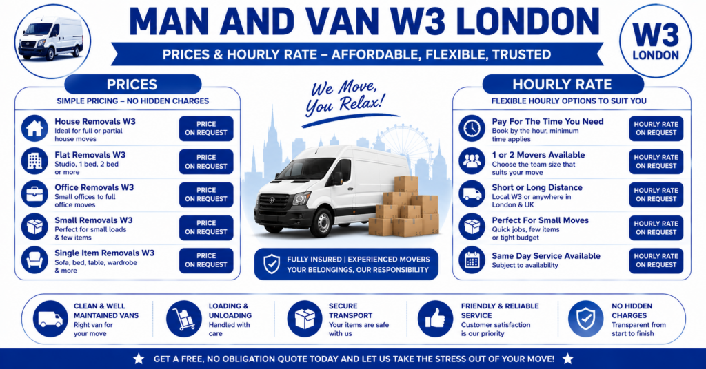 Man and Van W3 infographic showing prices, hourly rate, and services offered