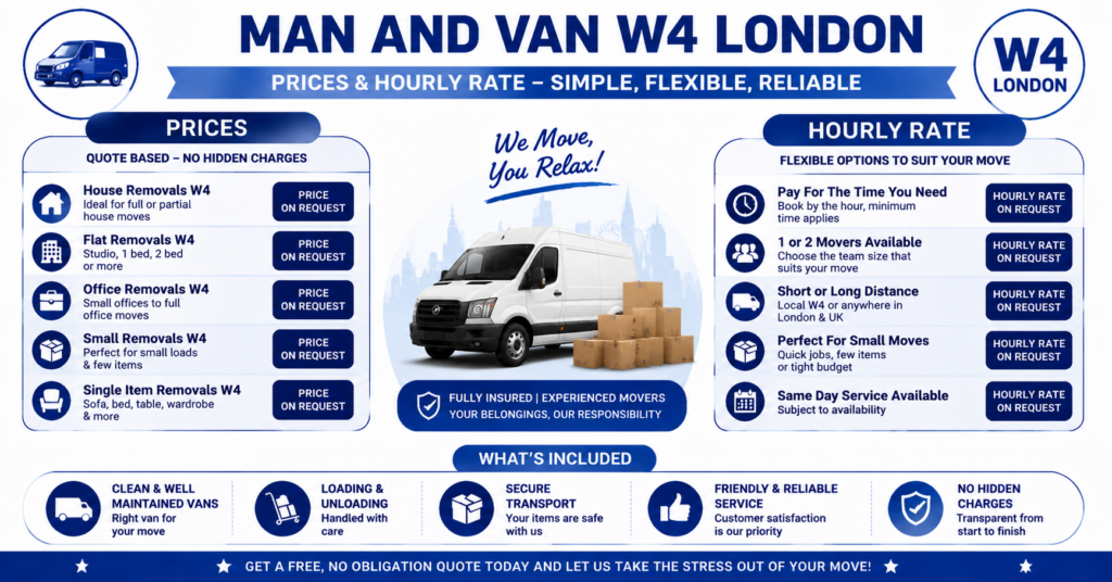 Man and Van W4 infographic showing prices, hourly rate, and services offered