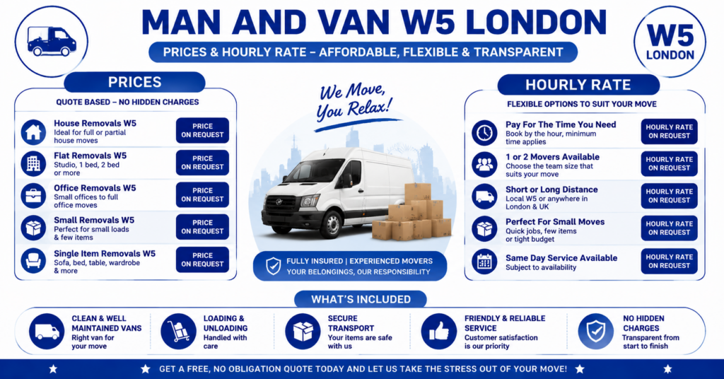 Man and Van W5 infographic showing prices, hourly rate, and services offered