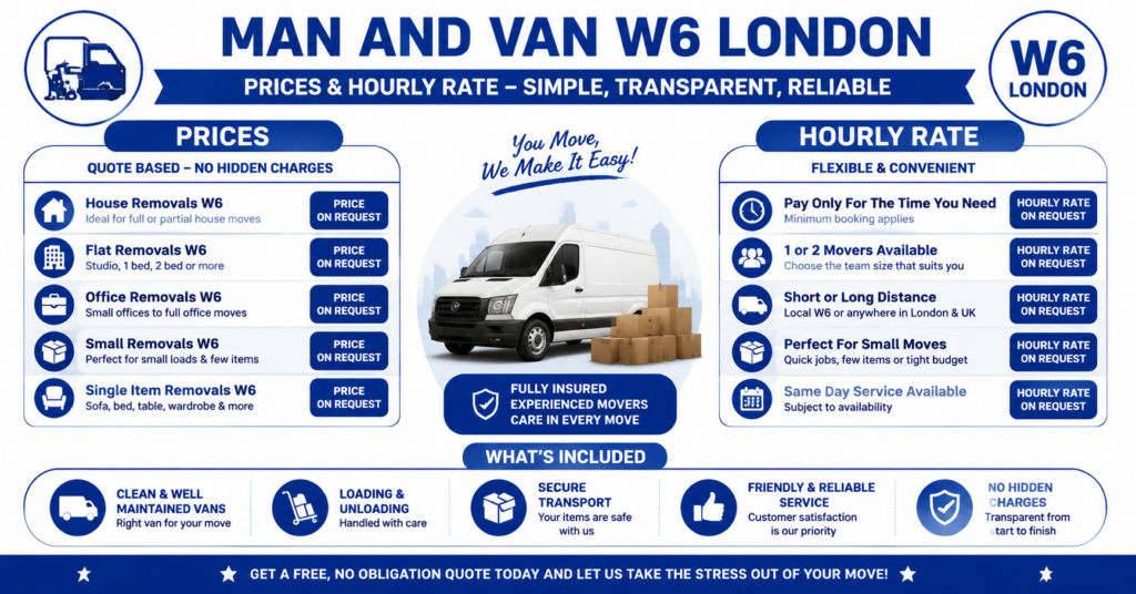 Man and van W6 prices and hourly rate infographic for removals services