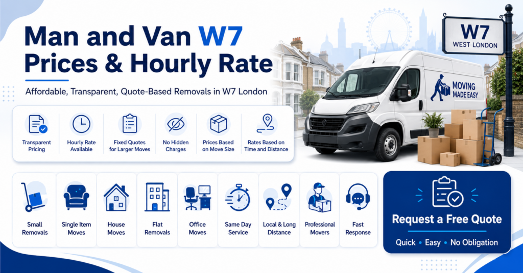 Man and van W7 prices and hourly rate infographic for removals services