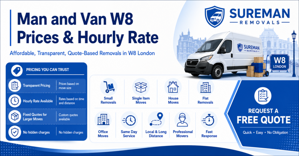 Man and van W8 prices and hourly rate infographic for removals services