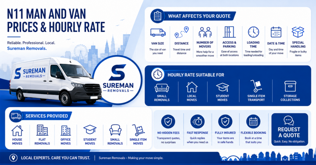 Man and Van N11 prices and hourly rate infographic