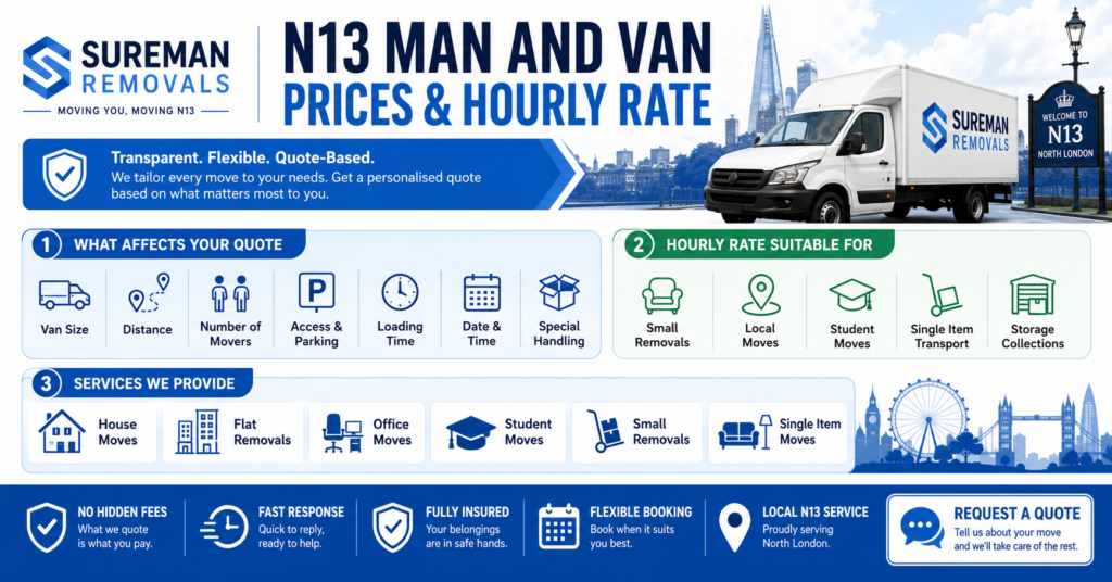Man and Van N13 prices and hourly rate infographic