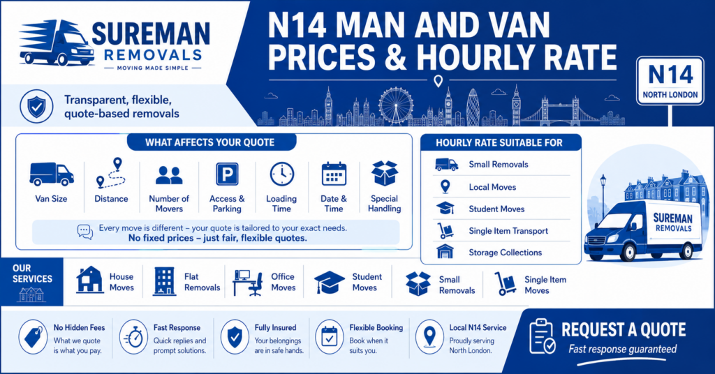 Man and Van N14 prices and hourly rate infographic